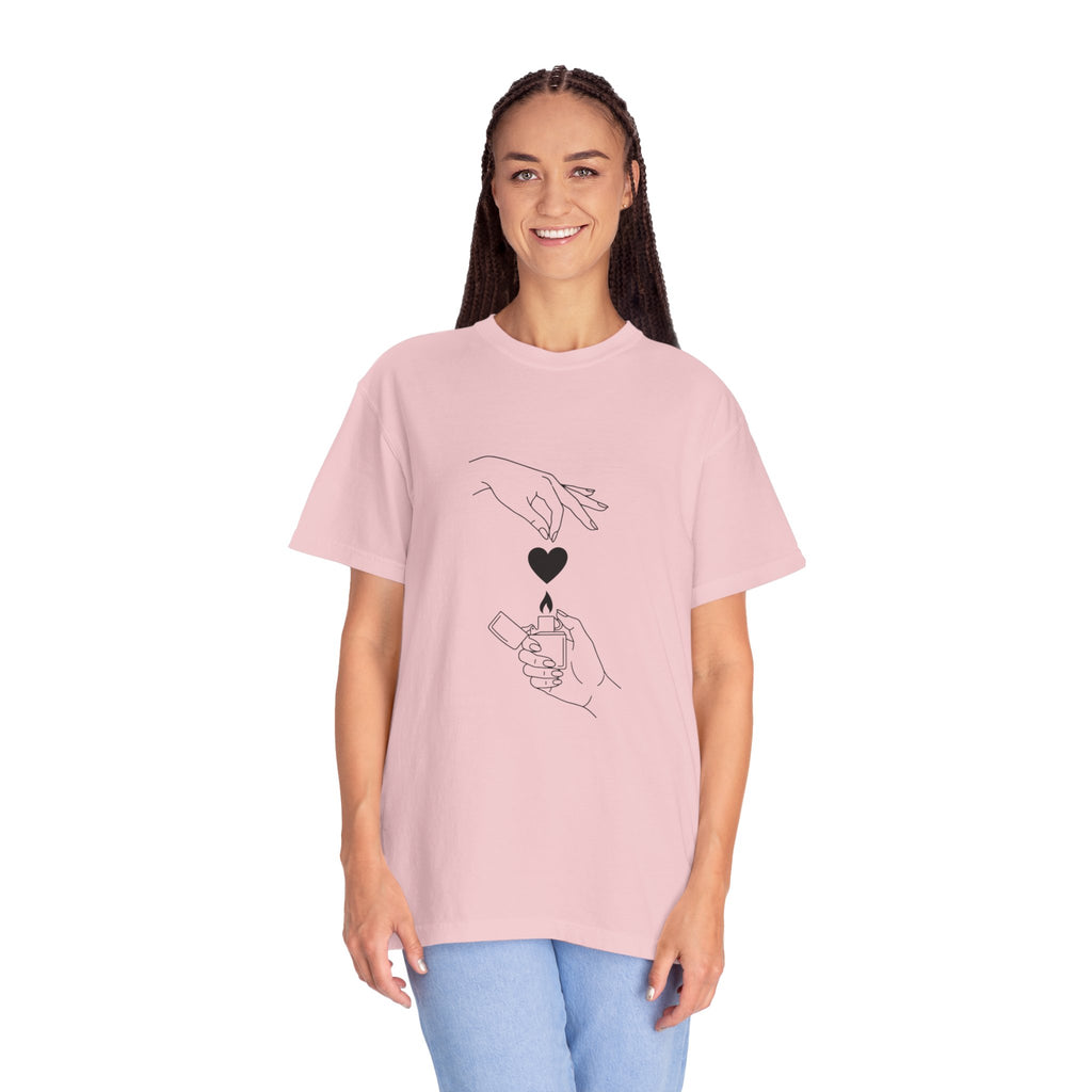 Heart Flame T-Shirt — Minimal Line Art Hands Lighting Heart Graphic