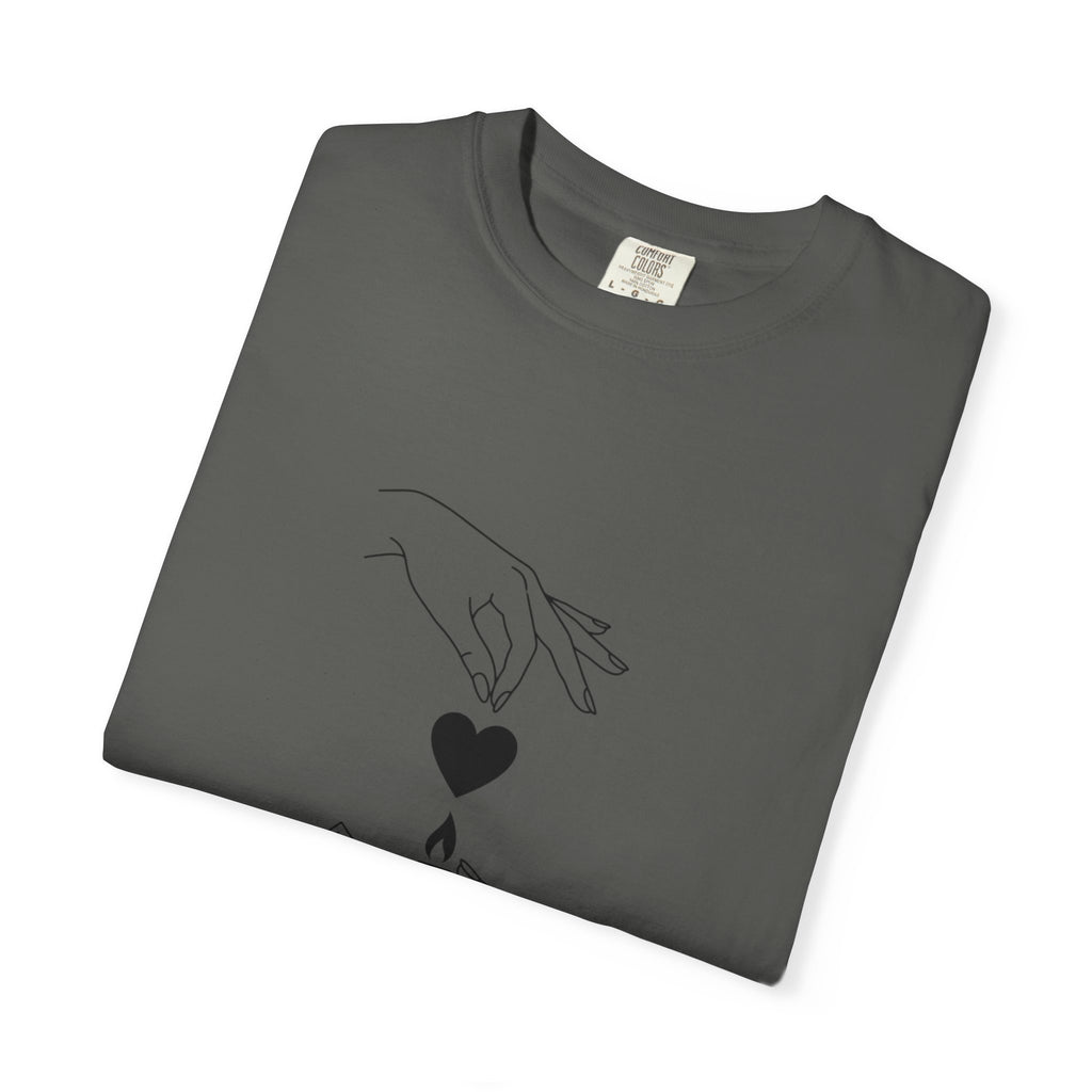 Heart Flame T-Shirt — Minimal Line Art Hands Lighting Heart Graphic