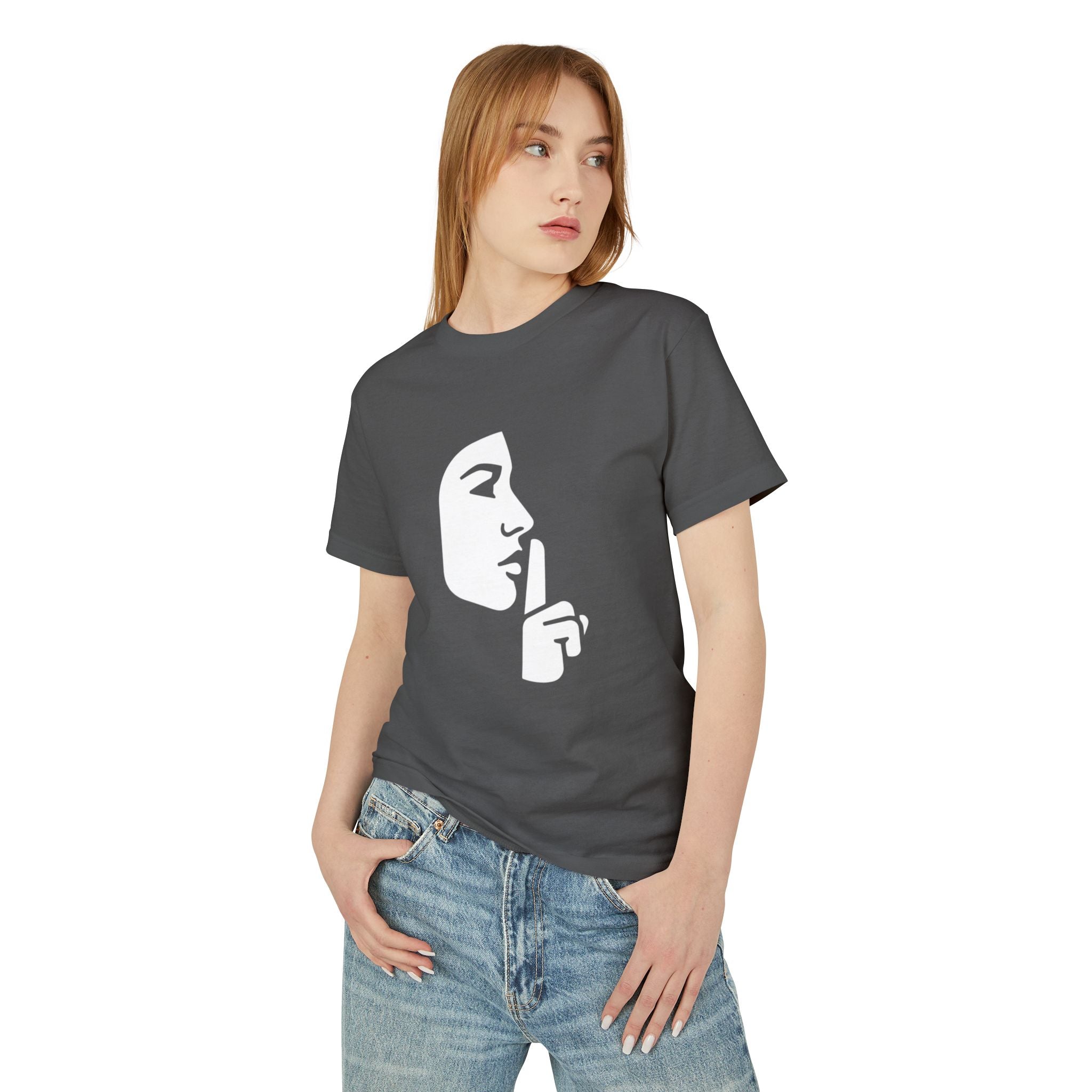 Shh Finger Over Lips Graphic Tee — Silent Face Minimalist T-Shirt