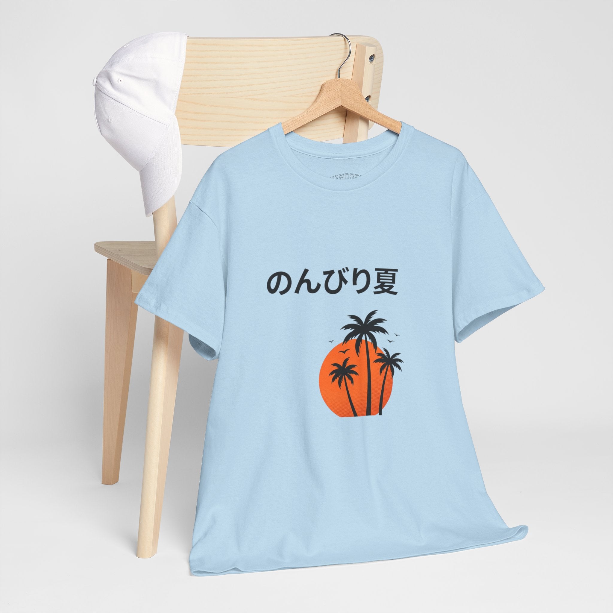 Japanese 'のんびり夏' Palm Sunset Tee — Relaxed Summer Vibe T-Shirt