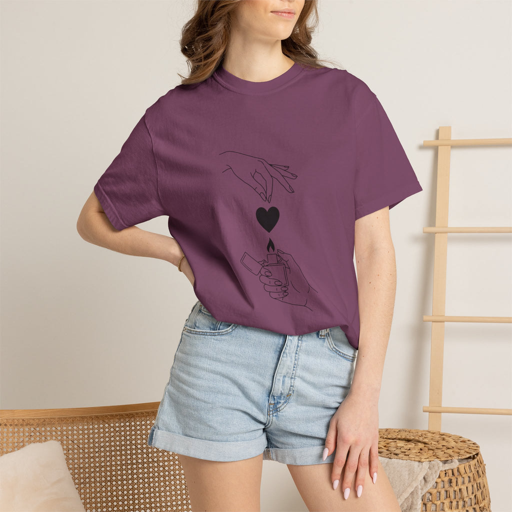 Heart Flame T-Shirt — Minimal Line Art Hands Lighting Heart Graphic