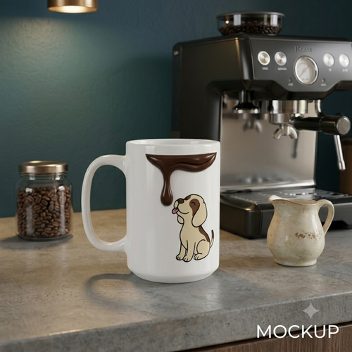 15oz Coffee Mug — Cute Puppy with Dripping Chocolate Design