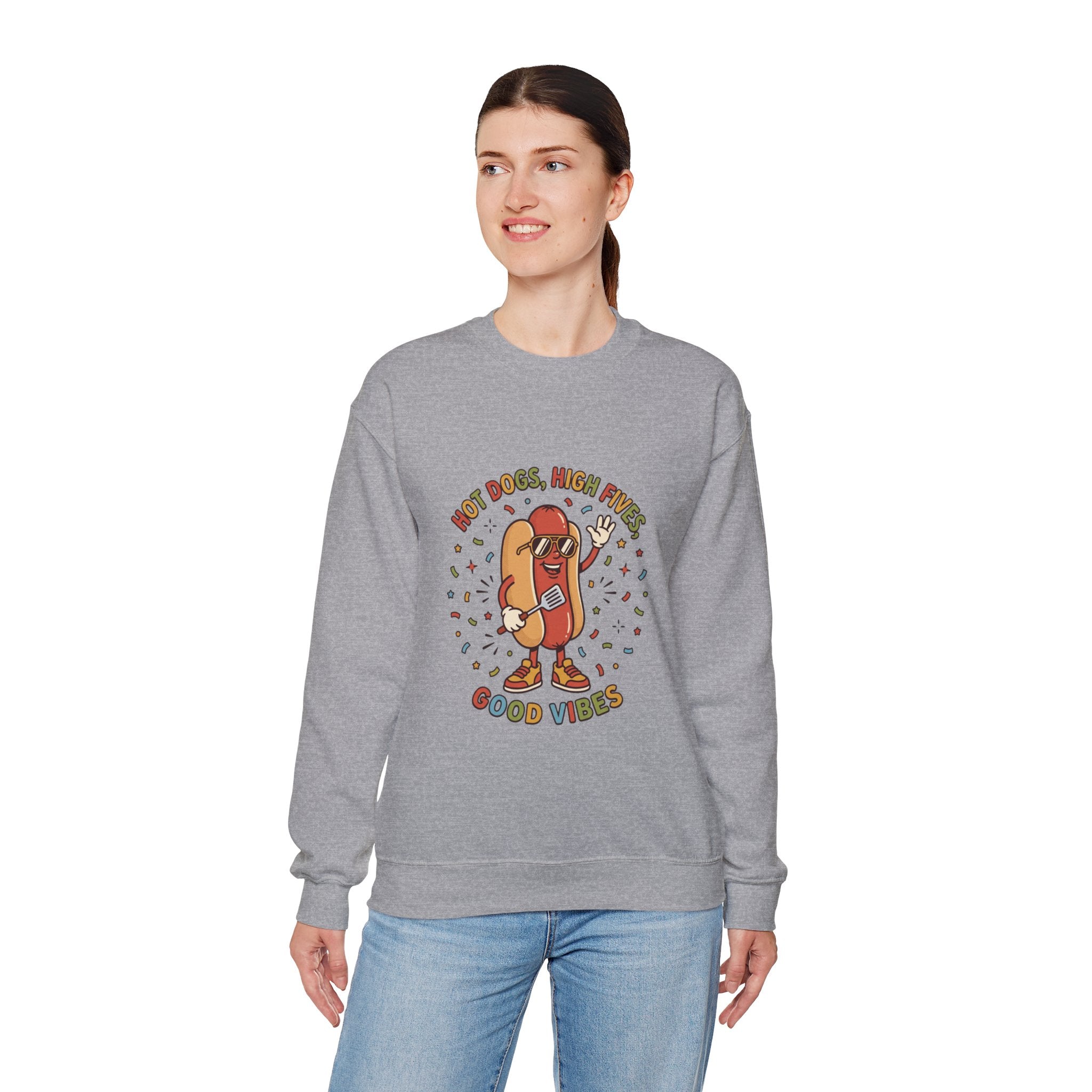 Hot Dog, High Five Rundhals-Sweatshirt | BBQ Vierter Juli, Retro Patriotische Hot-Dog-Witze