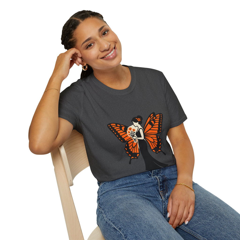 Monarch Butterfly Bride T-Shirt — Floral Bride with Orange Wings