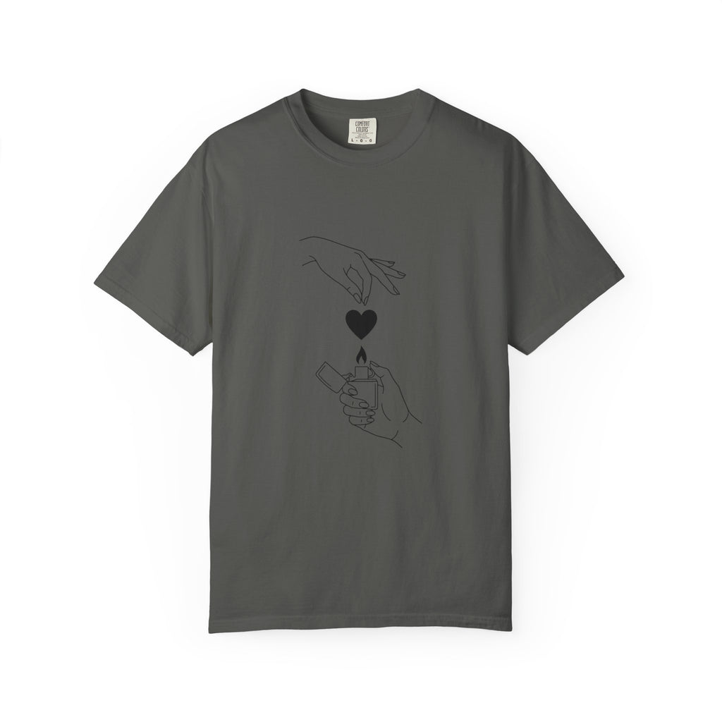 Heart Flame T-Shirt — Minimal Line Art Hands Lighting Heart Graphic