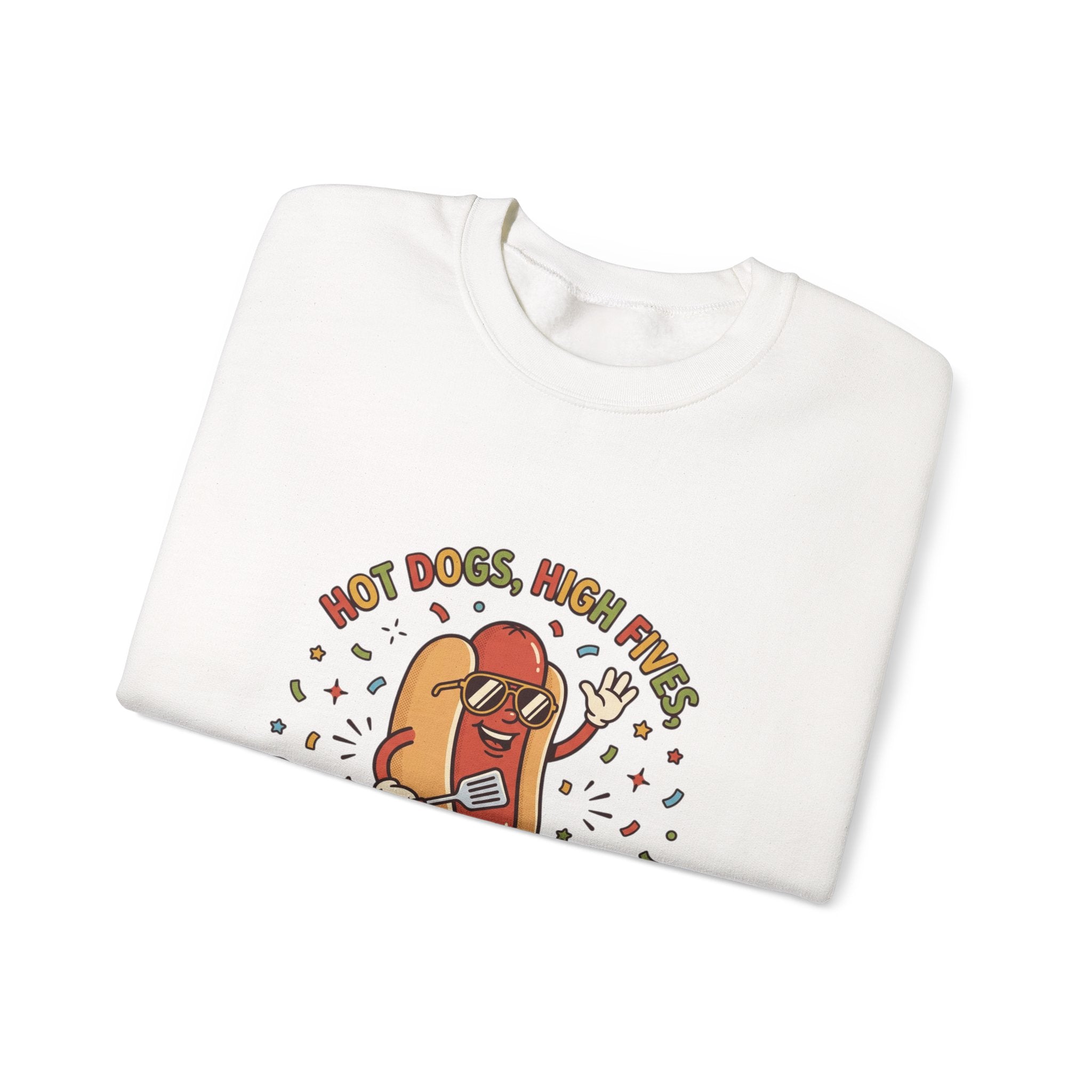 Hot Dog, High Five Rundhals-Sweatshirt | BBQ Vierter Juli, Retro Patriotische Hot-Dog-Witze