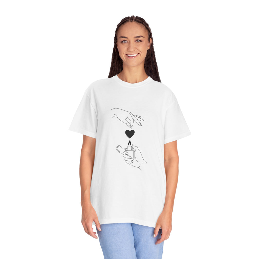 Heart Flame T-Shirt — Minimal Line Art Hands Lighting Heart Graphic