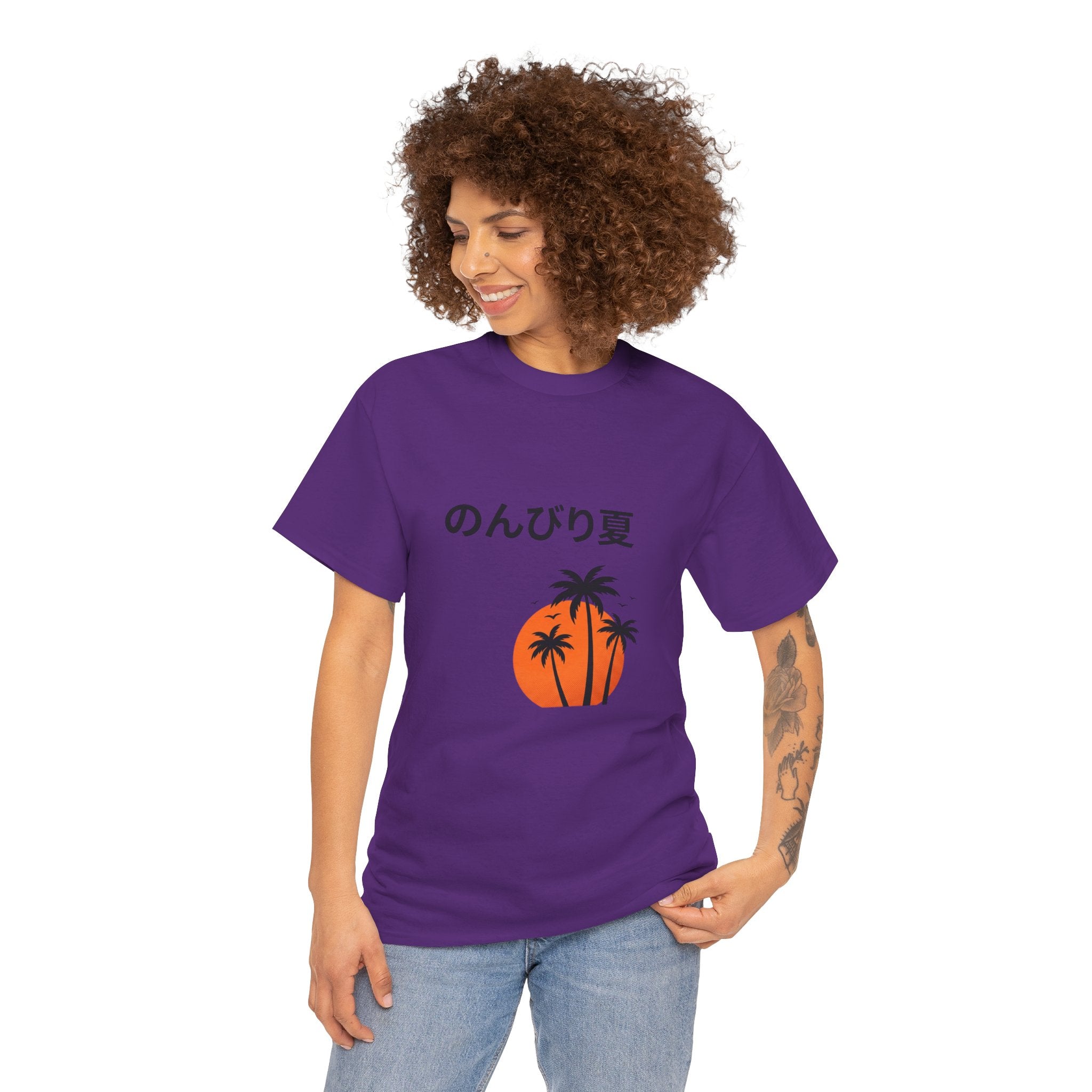 Japanese 'のんびり夏' Palm Sunset Tee — Relaxed Summer Vibe T-Shirt
