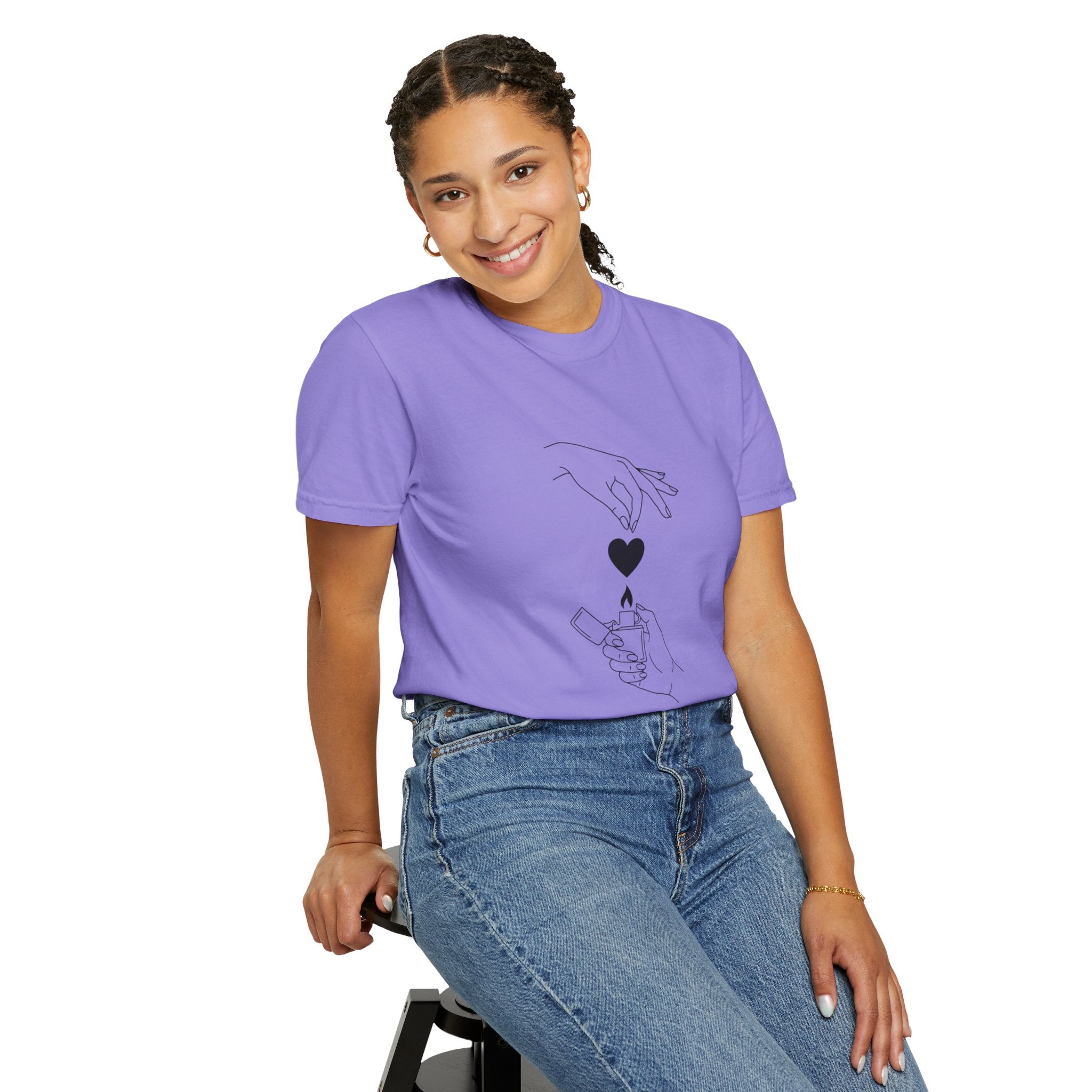 Heart Flame T-Shirt — Minimal Line Art Hands Lighting Heart Graphic