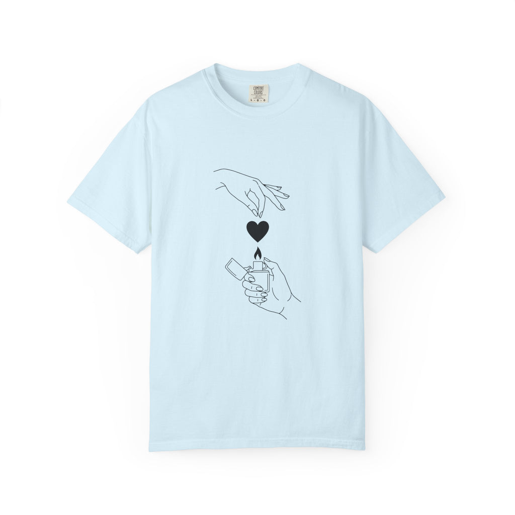 Heart Flame T-Shirt — Minimal Line Art Hands Lighting Heart Graphic