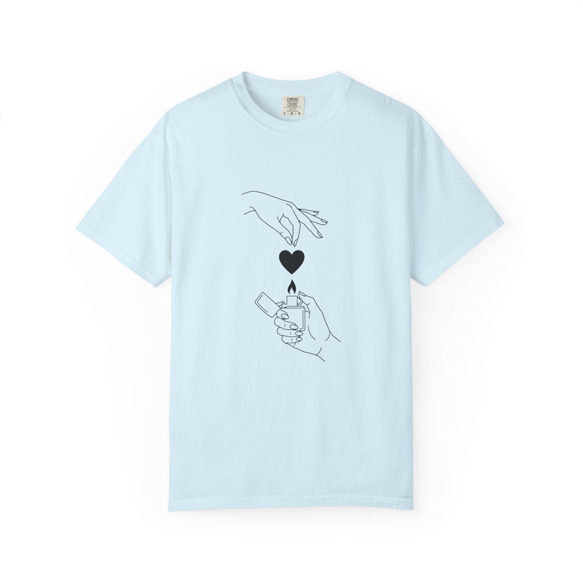 Heart Flame T-Shirt — Minimal Line Art Hands Lighting Heart Graphic