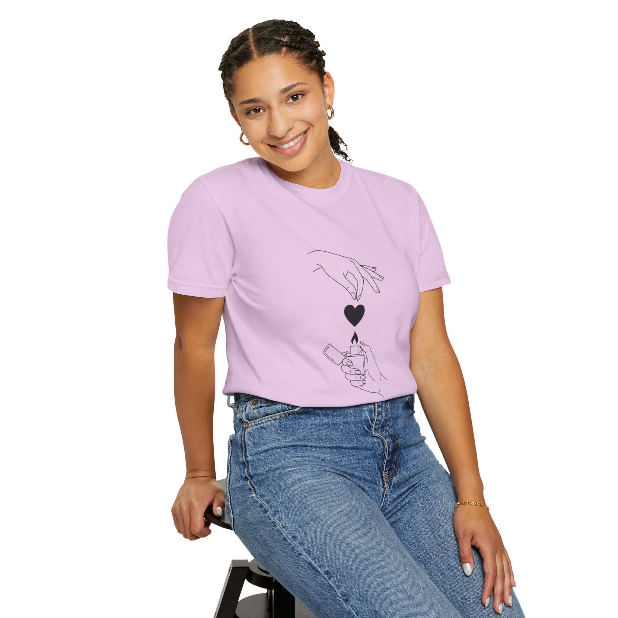 Heart Flame T-Shirt — Minimal Line Art Hands Lighting Heart Graphic