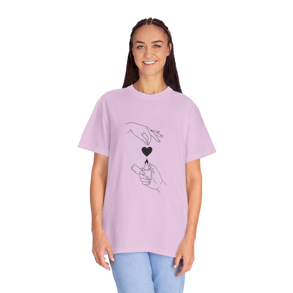 Heart Flame T-Shirt — Minimal Line Art Hands Lighting Heart Graphic