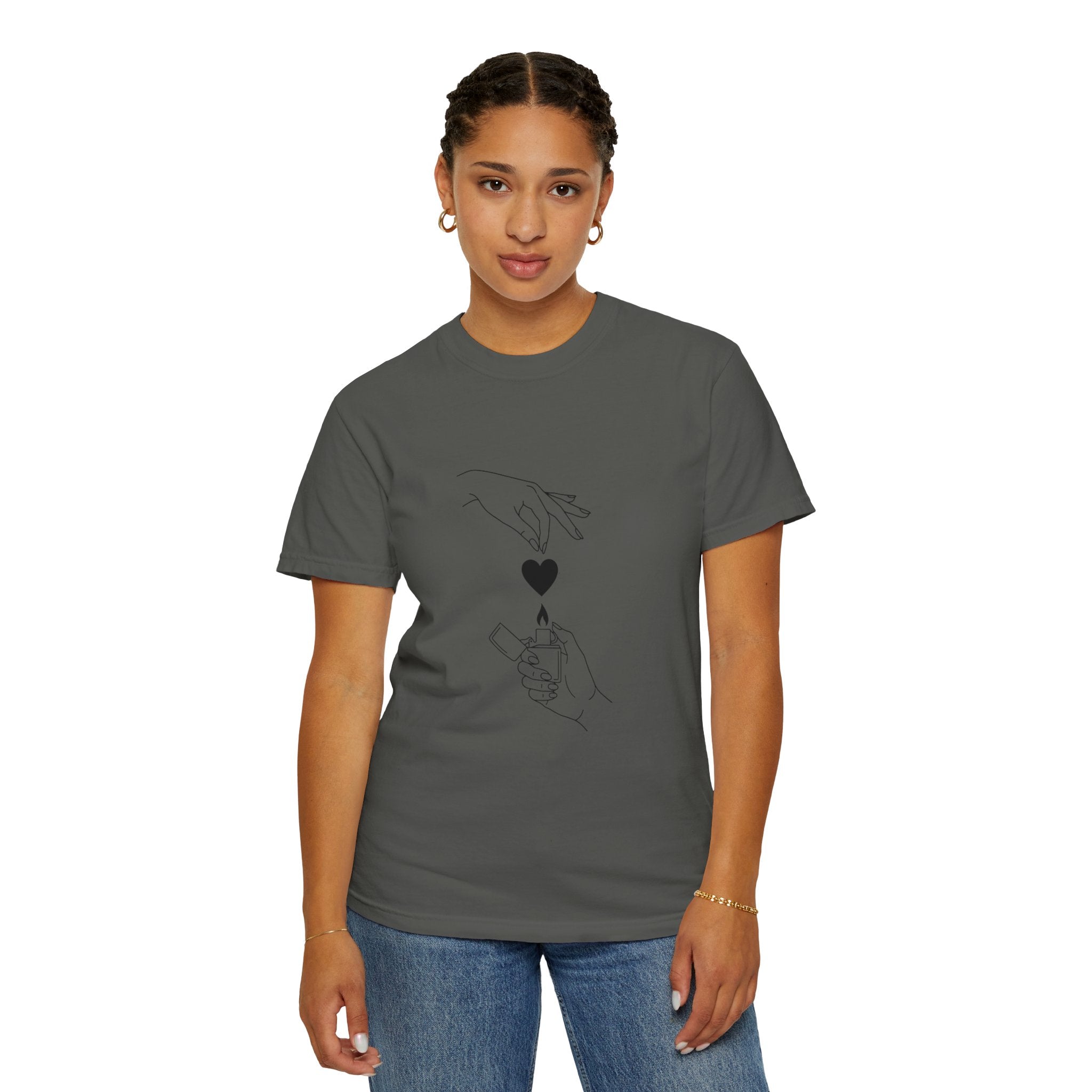 Heart Flame T-Shirt — Minimal Line Art Hands Lighting Heart Graphic