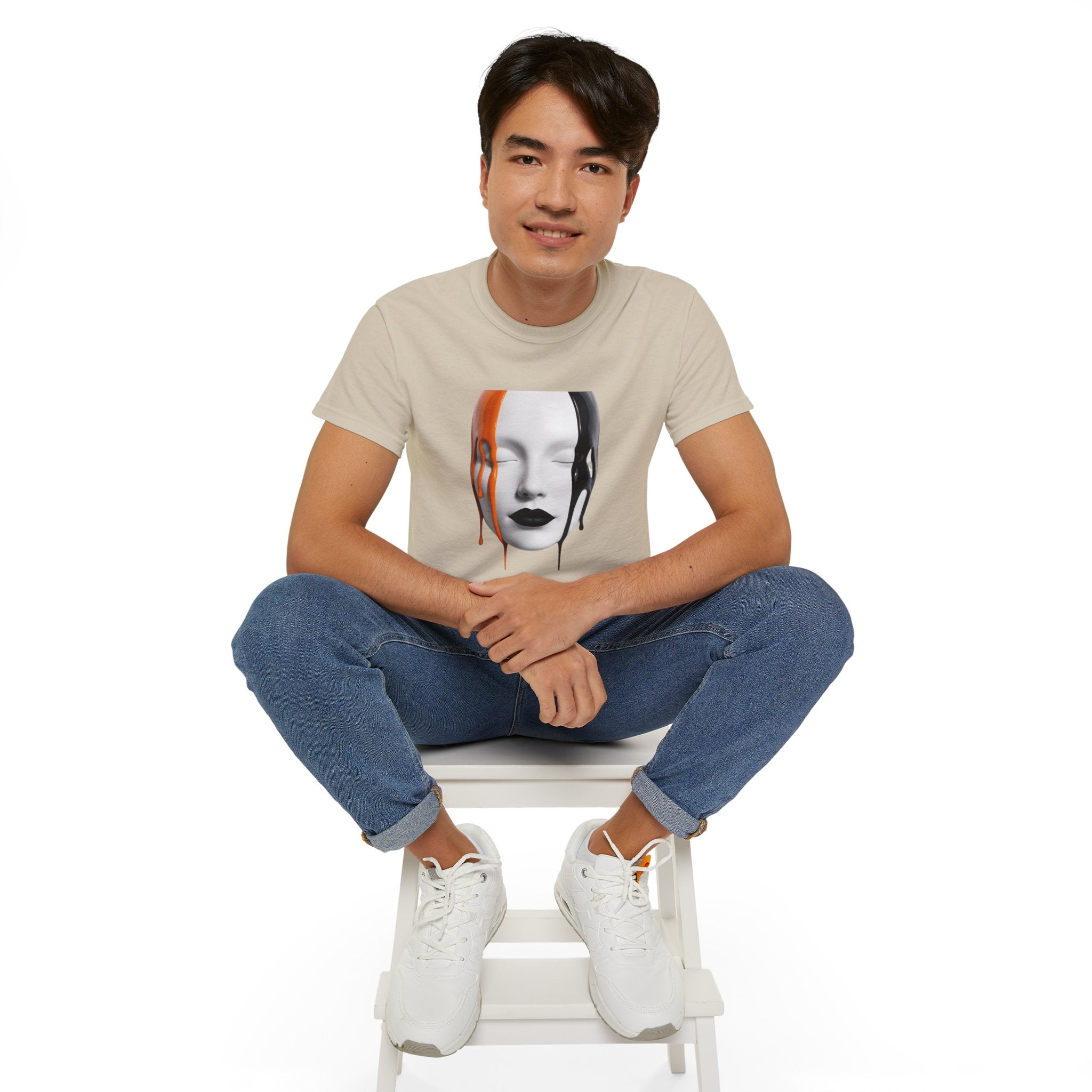 Mask Face Tee — Dripping Black & Orange Art T-Shirt