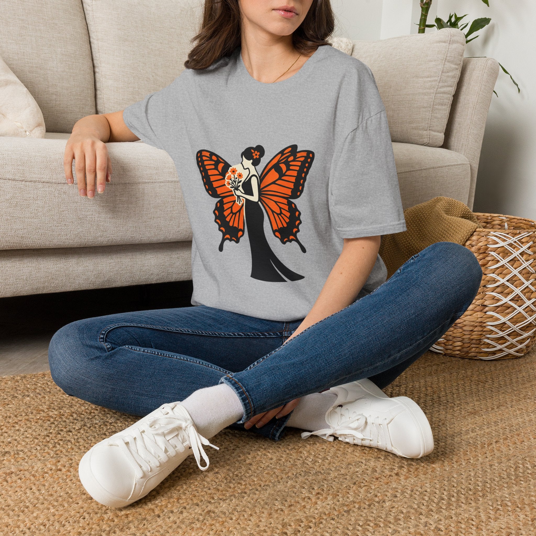 Monarch Butterfly Bride T-Shirt — Floral Bride with Orange Wings