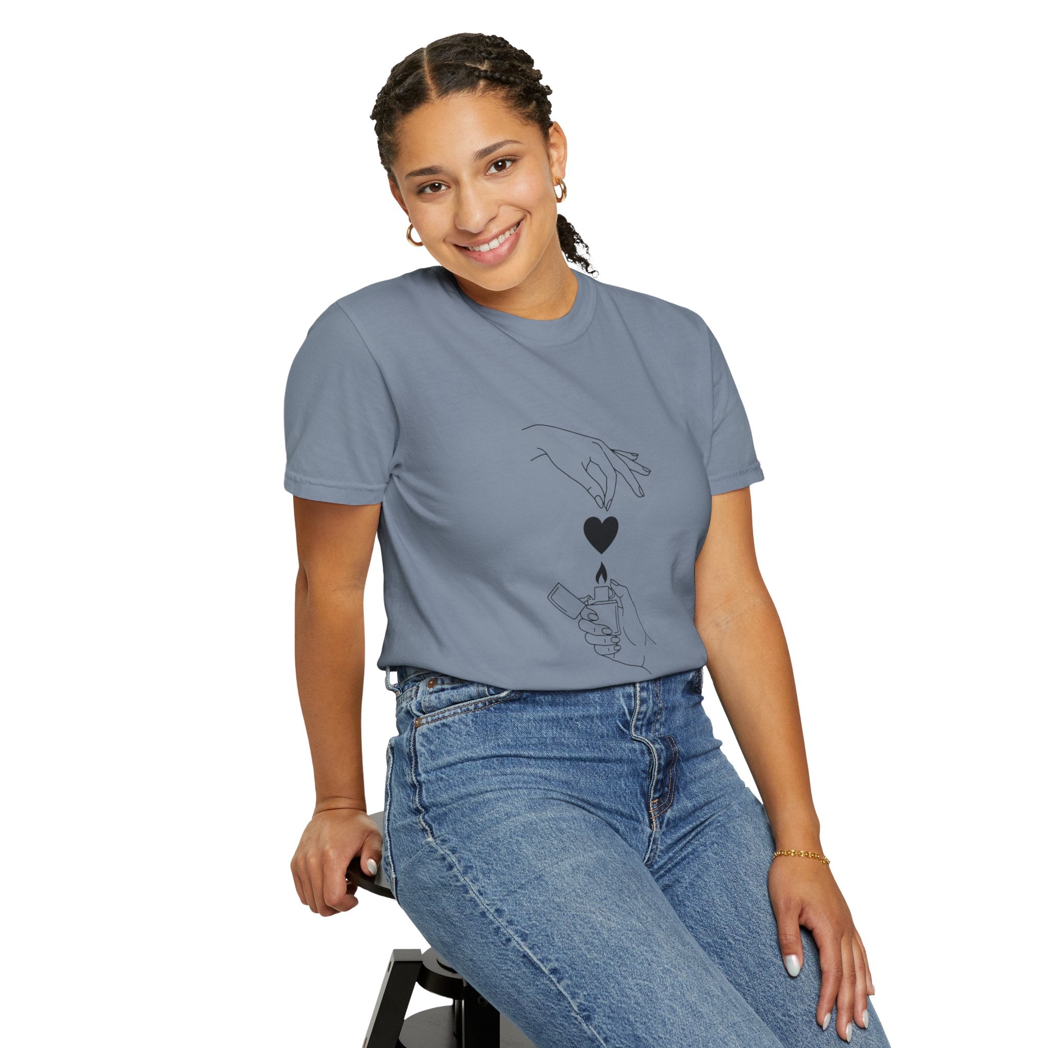 Heart Flame T-Shirt — Minimal Line Art Hands Lighting Heart Graphic