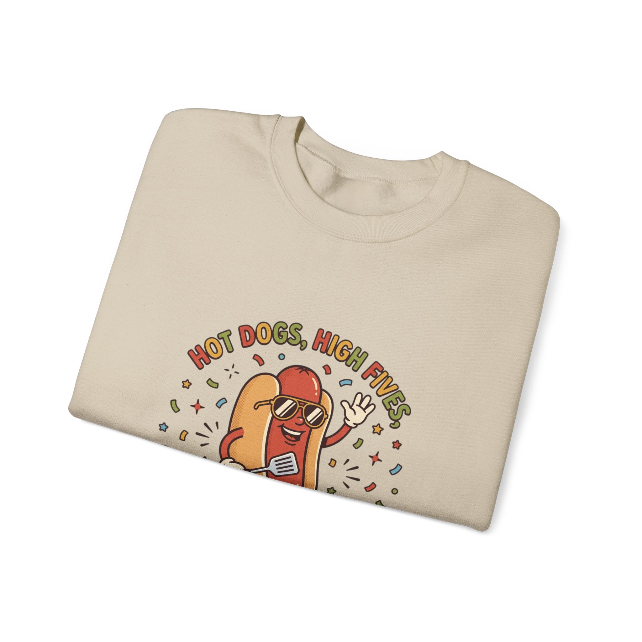Hot Dog, High Five Rundhals-Sweatshirt | BBQ Vierter Juli, Retro Patriotische Hot-Dog-Witze