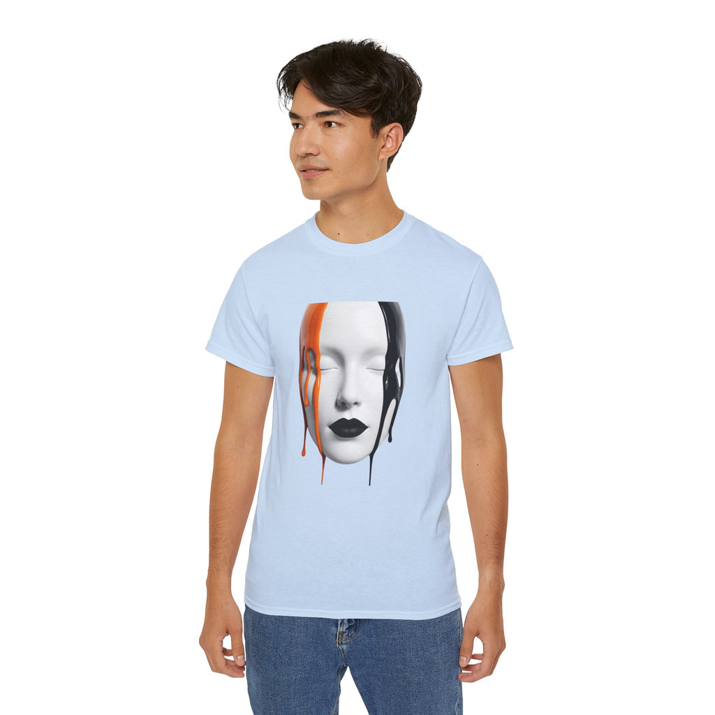 Mask Face Tee — Dripping Black & Orange Art T-Shirt