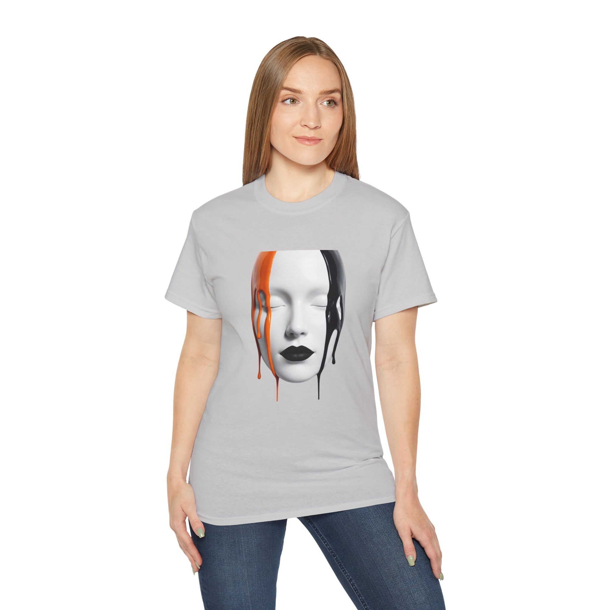 Mask Face Tee — Dripping Black & Orange Art T-Shirt