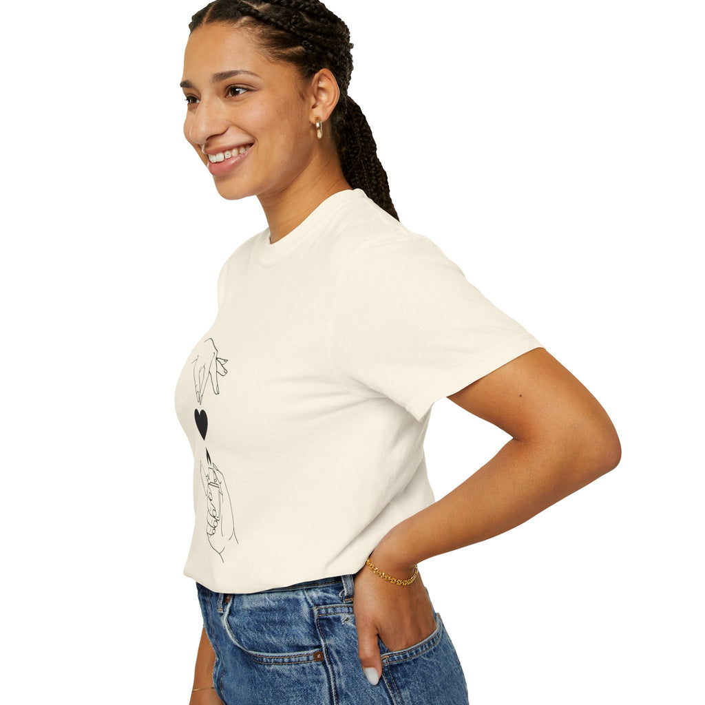 Heart Flame T-Shirt — Minimal Line Art Hands Lighting Heart Graphic