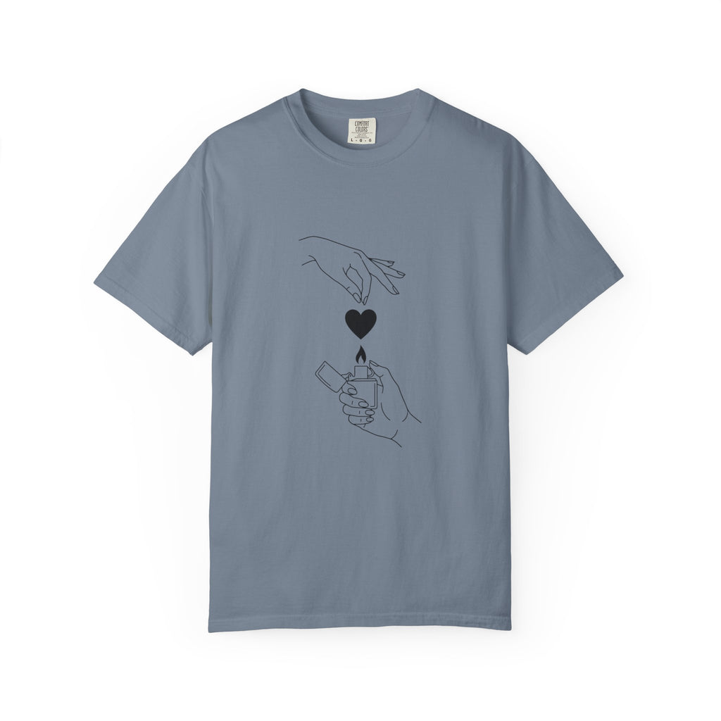 Heart Flame T-Shirt — Minimal Line Art Hands Lighting Heart Graphic