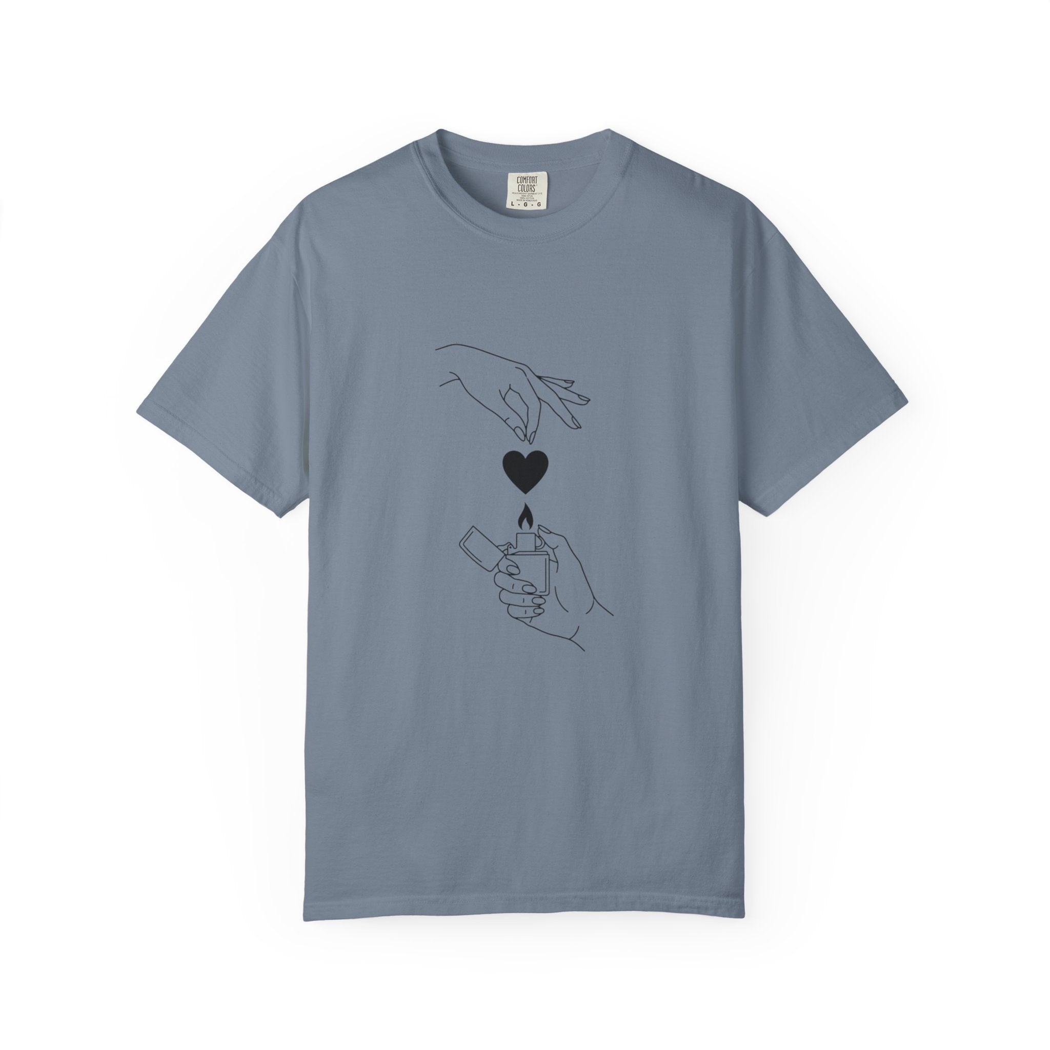 Heart Flame T-Shirt — Minimal Line Art Hands Lighting Heart Graphic
