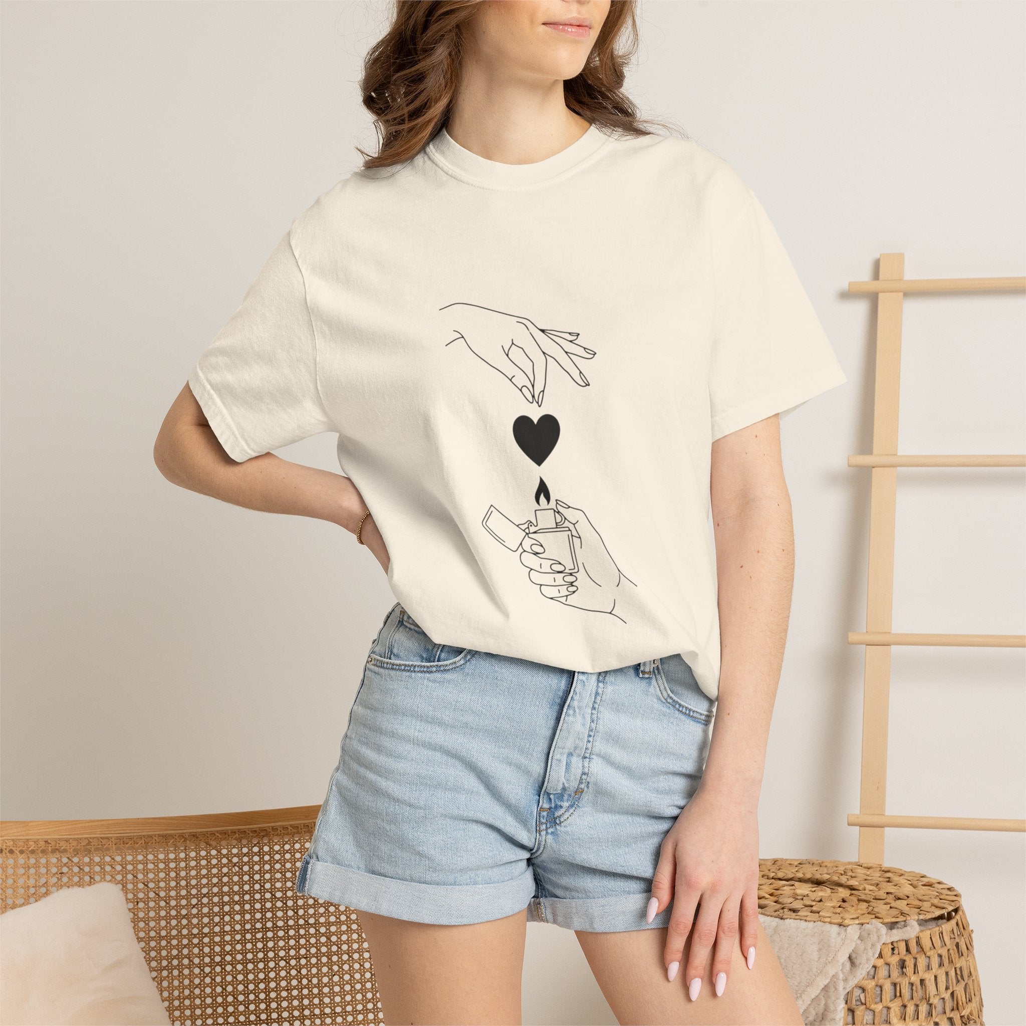 Heart Flame T-Shirt — Minimal Line Art Hands Lighting Heart Graphic
