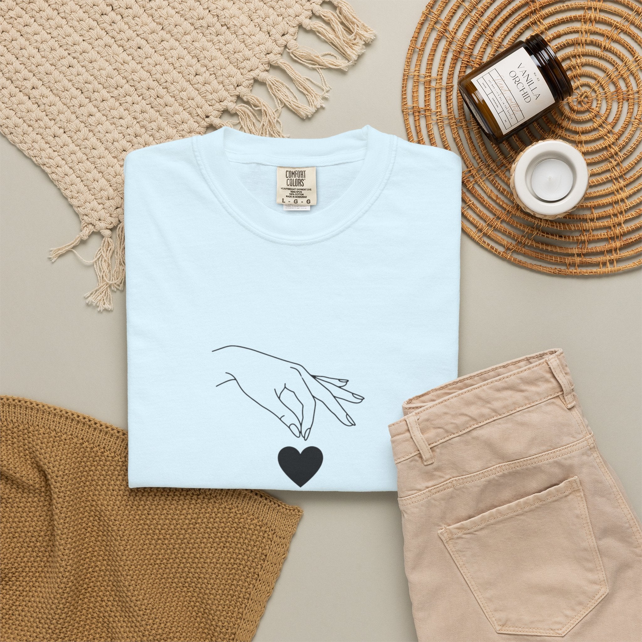 Heart Flame T-Shirt — Minimal Line Art Hands Lighting Heart Graphic