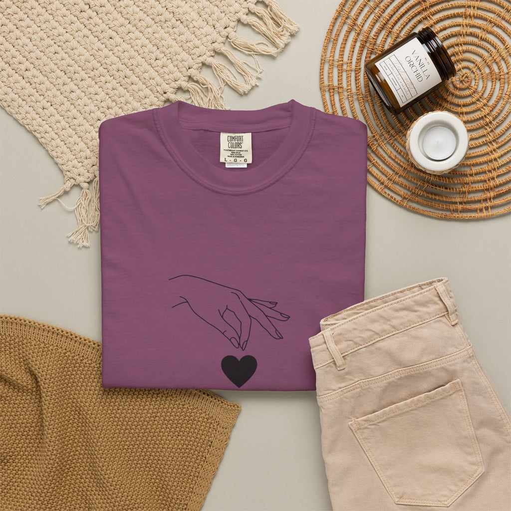 Heart Flame T-Shirt — Minimal Line Art Hands Lighting Heart Graphic