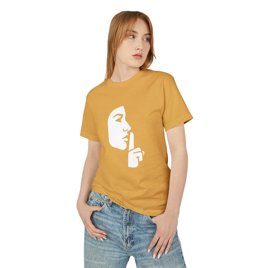 Shh Finger Over Lips Graphic Tee — Silent Face Minimalist T-Shirt