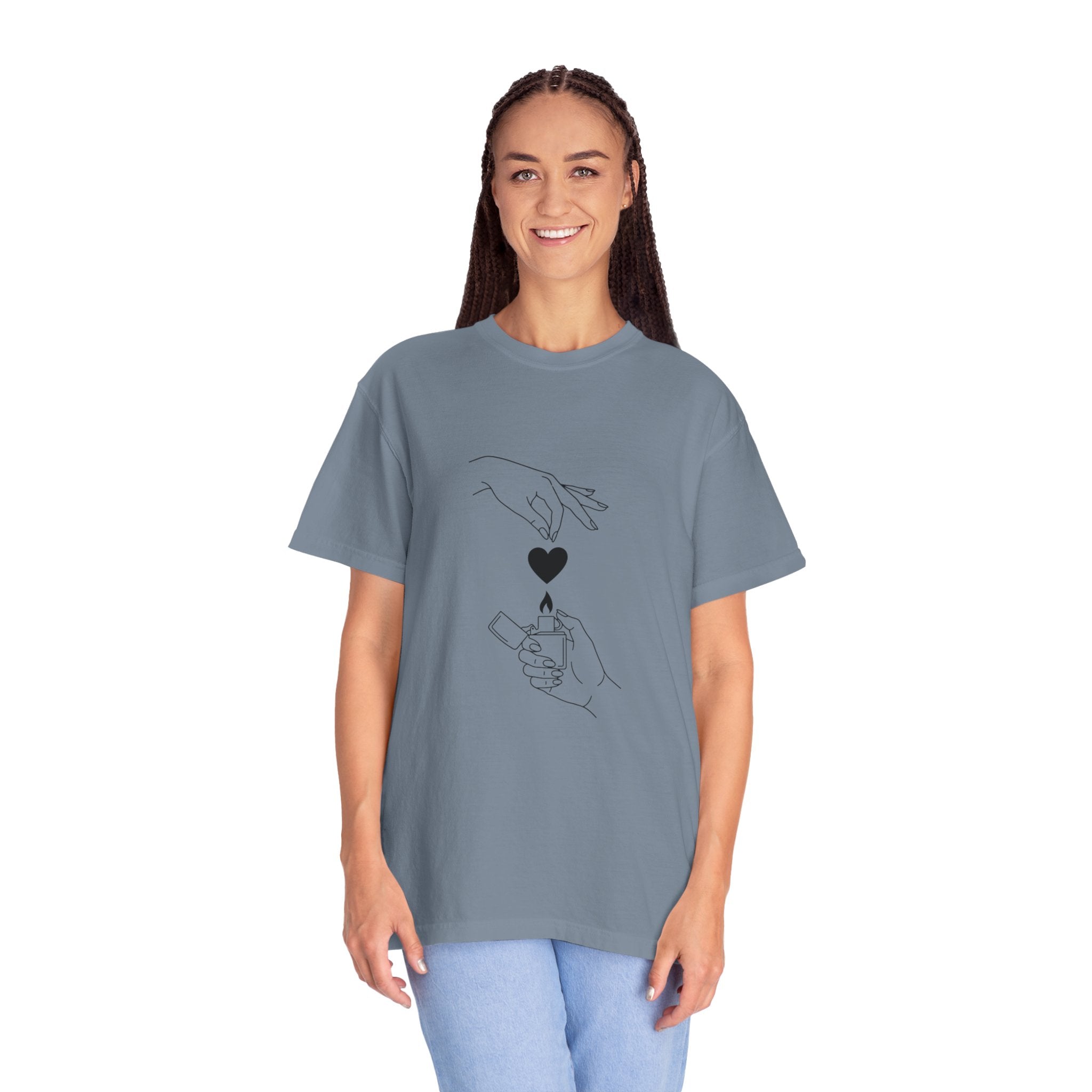 Heart Flame T-Shirt — Minimal Line Art Hands Lighting Heart Graphic