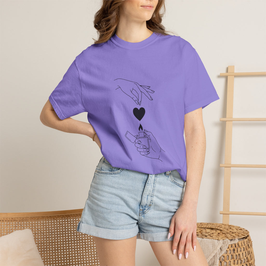 Heart Flame T-Shirt — Minimal Line Art Hands Lighting Heart Graphic