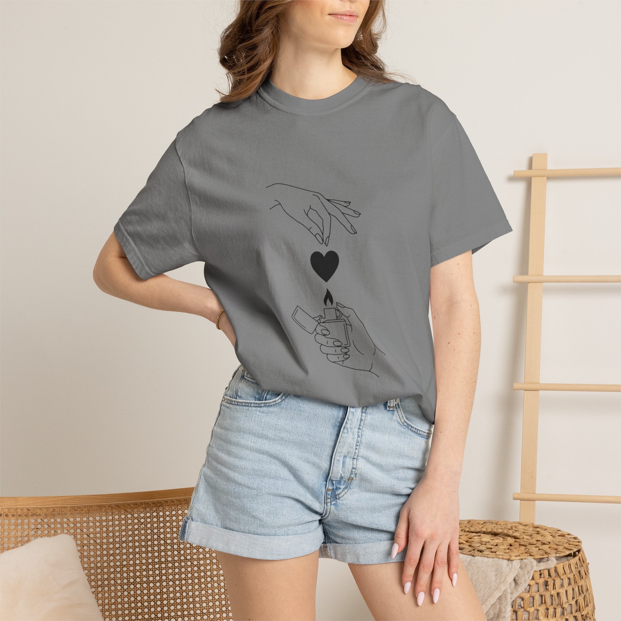 Heart Flame T-Shirt — Minimal Line Art Hands Lighting Heart Graphic