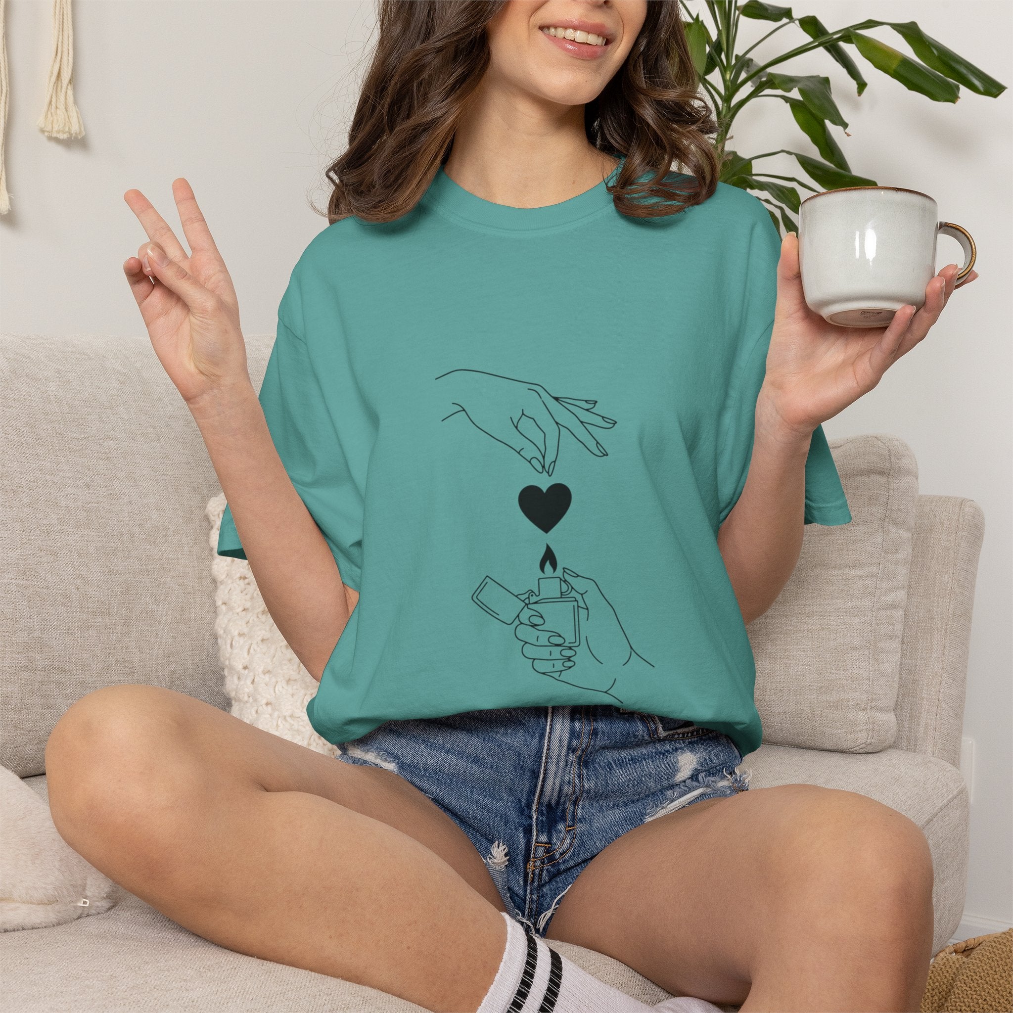 Heart Flame T-Shirt — Minimal Line Art Hands Lighting Heart Graphic