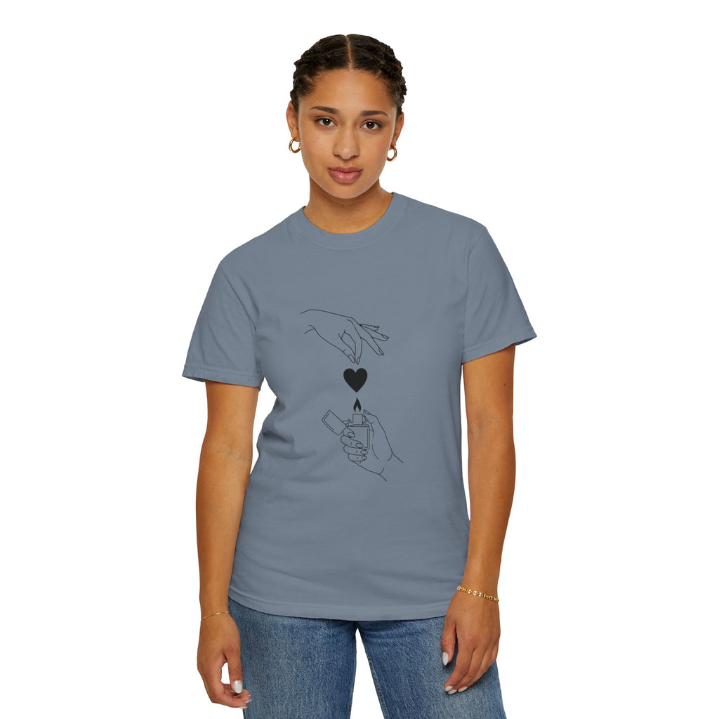 Heart Flame T-Shirt — Minimal Line Art Hands Lighting Heart Graphic