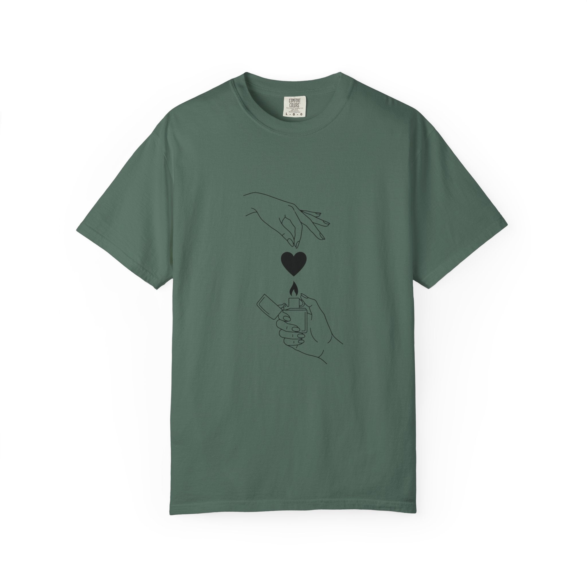 Heart Flame T-Shirt — Minimal Line Art Hands Lighting Heart Graphic