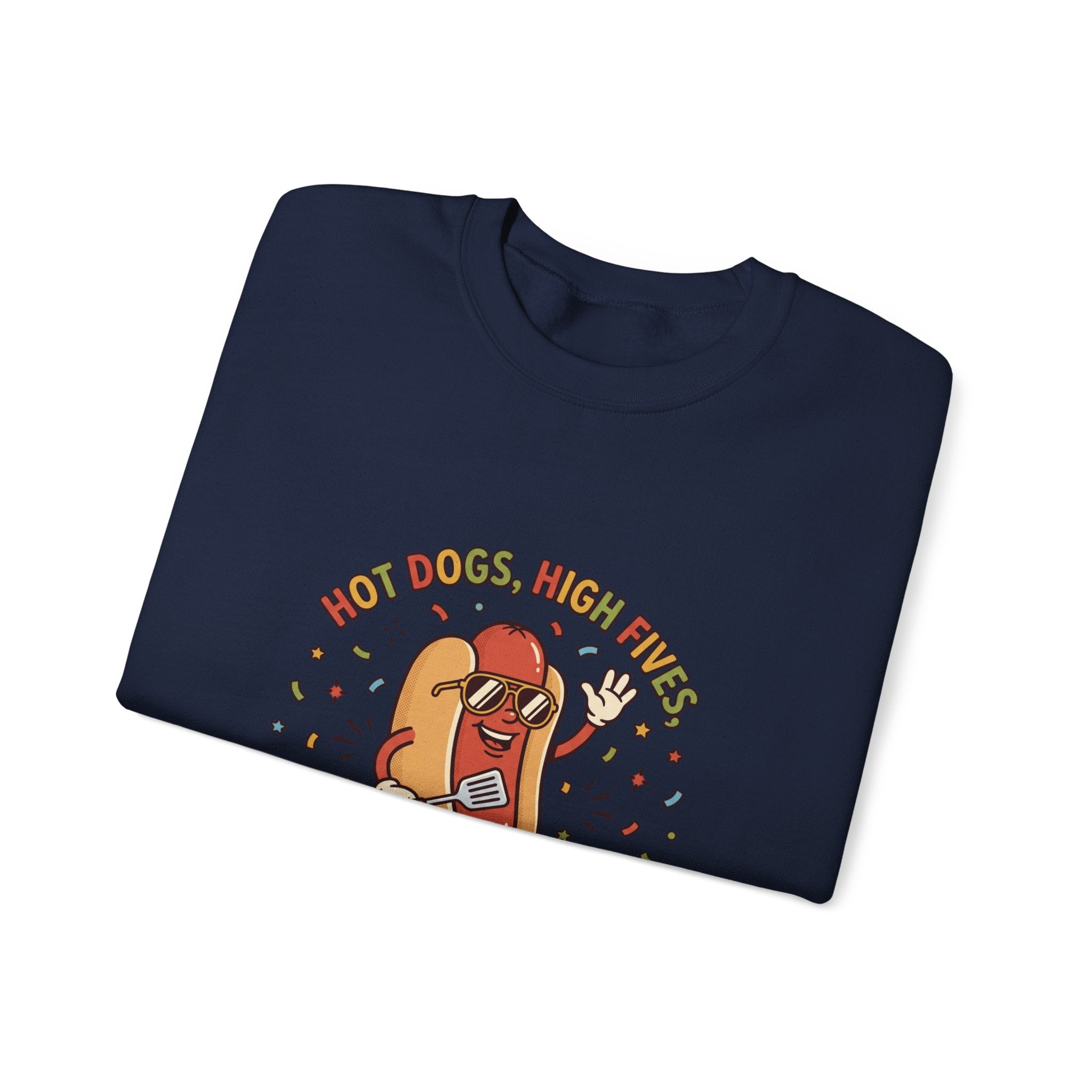 Hot Dog, High Five Rundhals-Sweatshirt | BBQ Vierter Juli, Retro Patriotische Hot-Dog-Witze