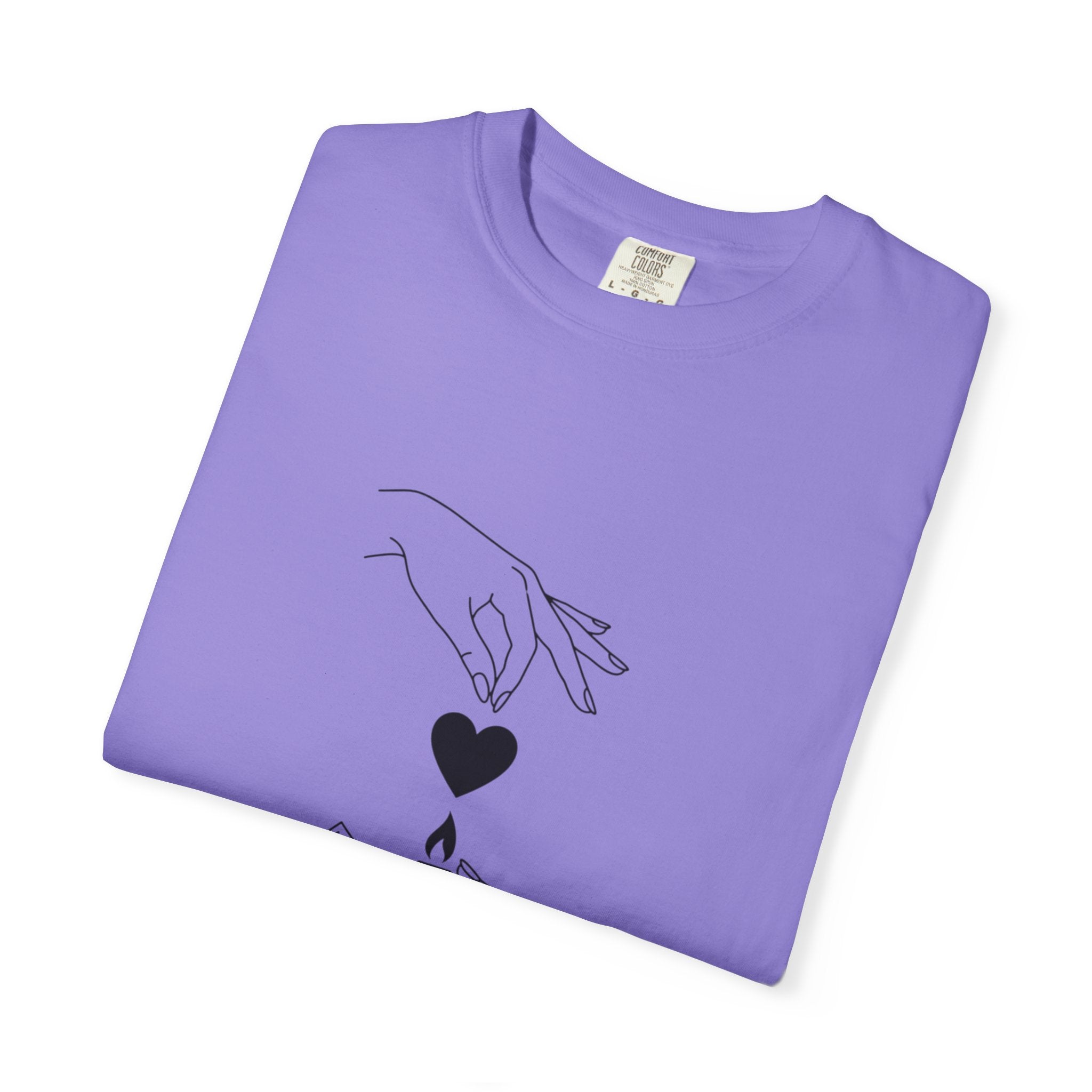 Heart Flame T-Shirt — Minimal Line Art Hands Lighting Heart Graphic