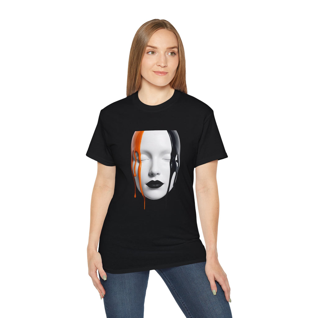Mask Face Tee — Dripping Black & Orange Art T-Shirt