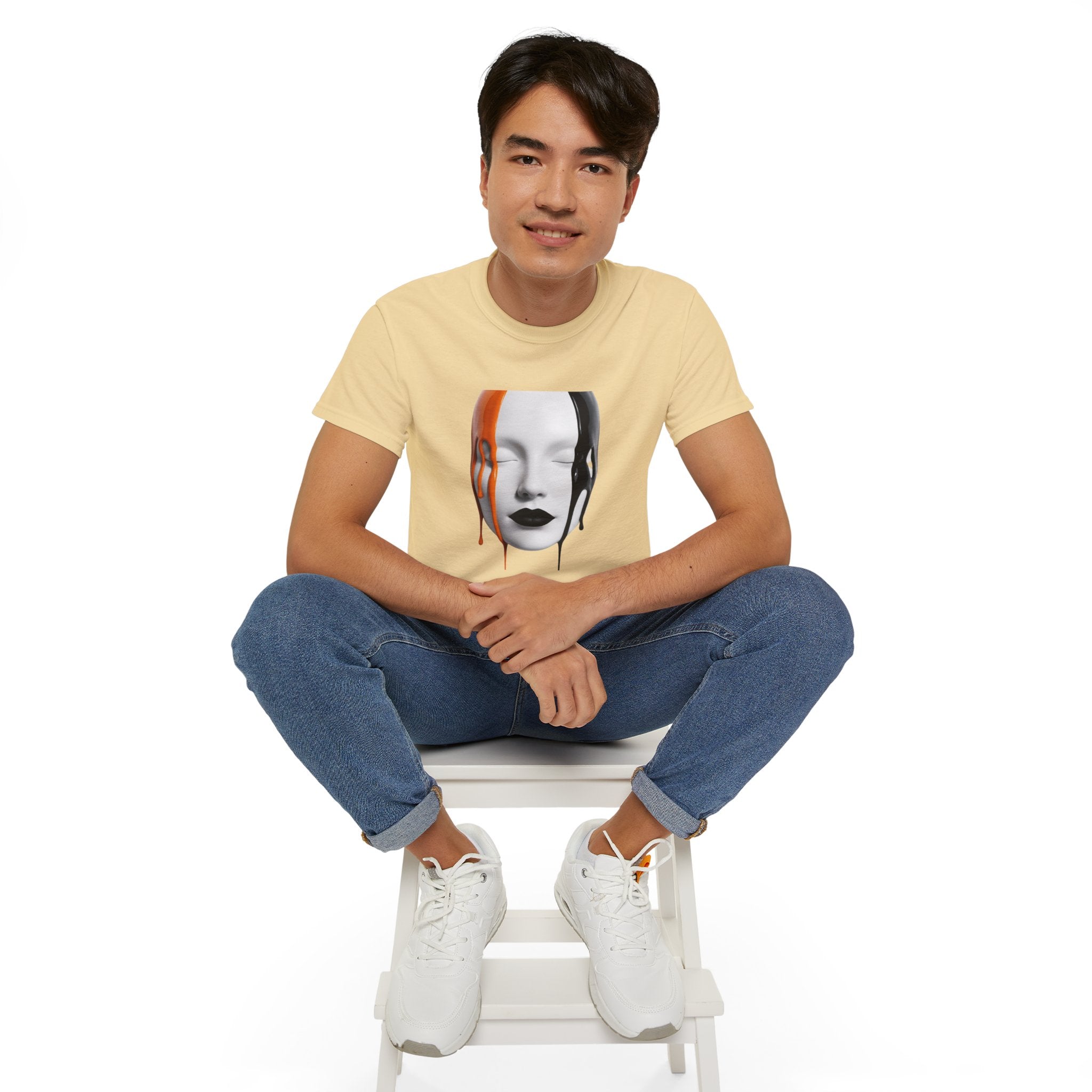 Mask Face Tee — Dripping Black & Orange Art T-Shirt