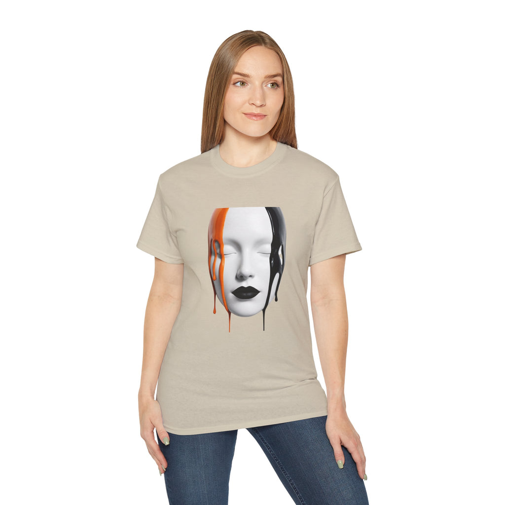 Mask Face Tee — Dripping Black & Orange Art T-Shirt