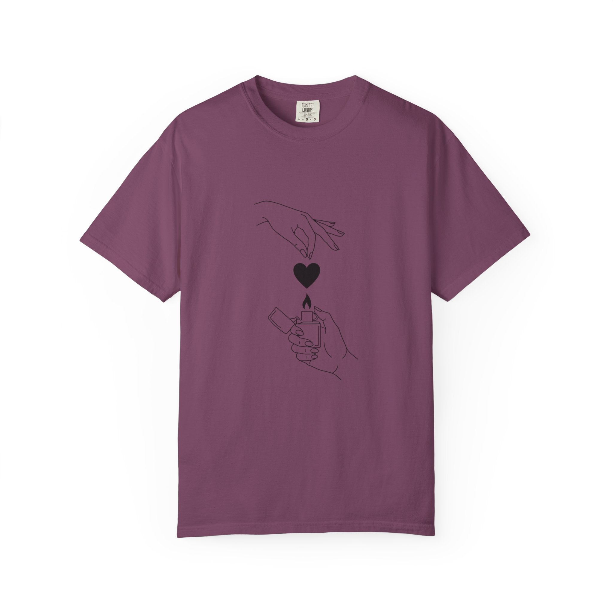 Heart Flame T-Shirt — Minimal Line Art Hands Lighting Heart Graphic