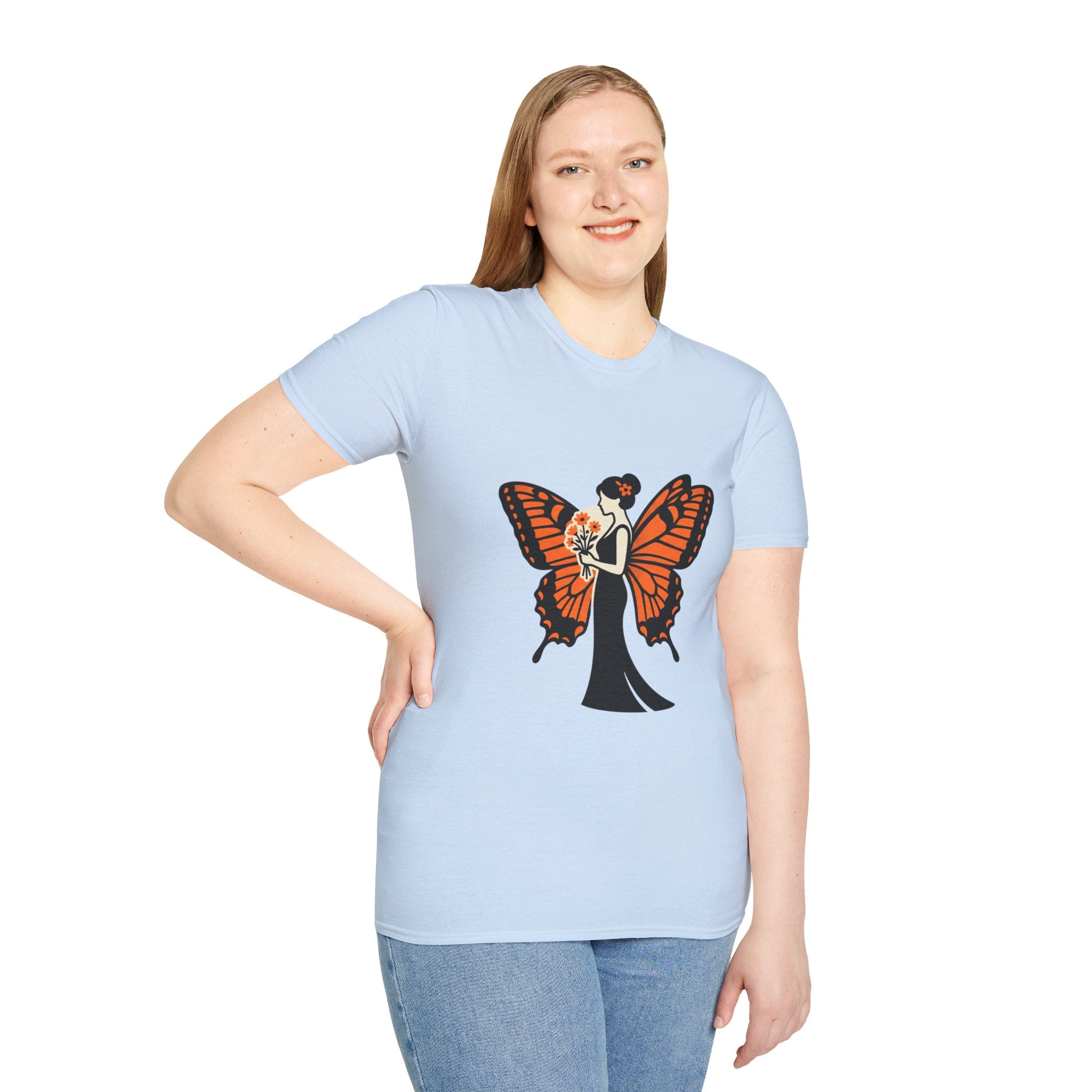 Monarch Butterfly Bride T-Shirt — Floral Bride with Orange Wings