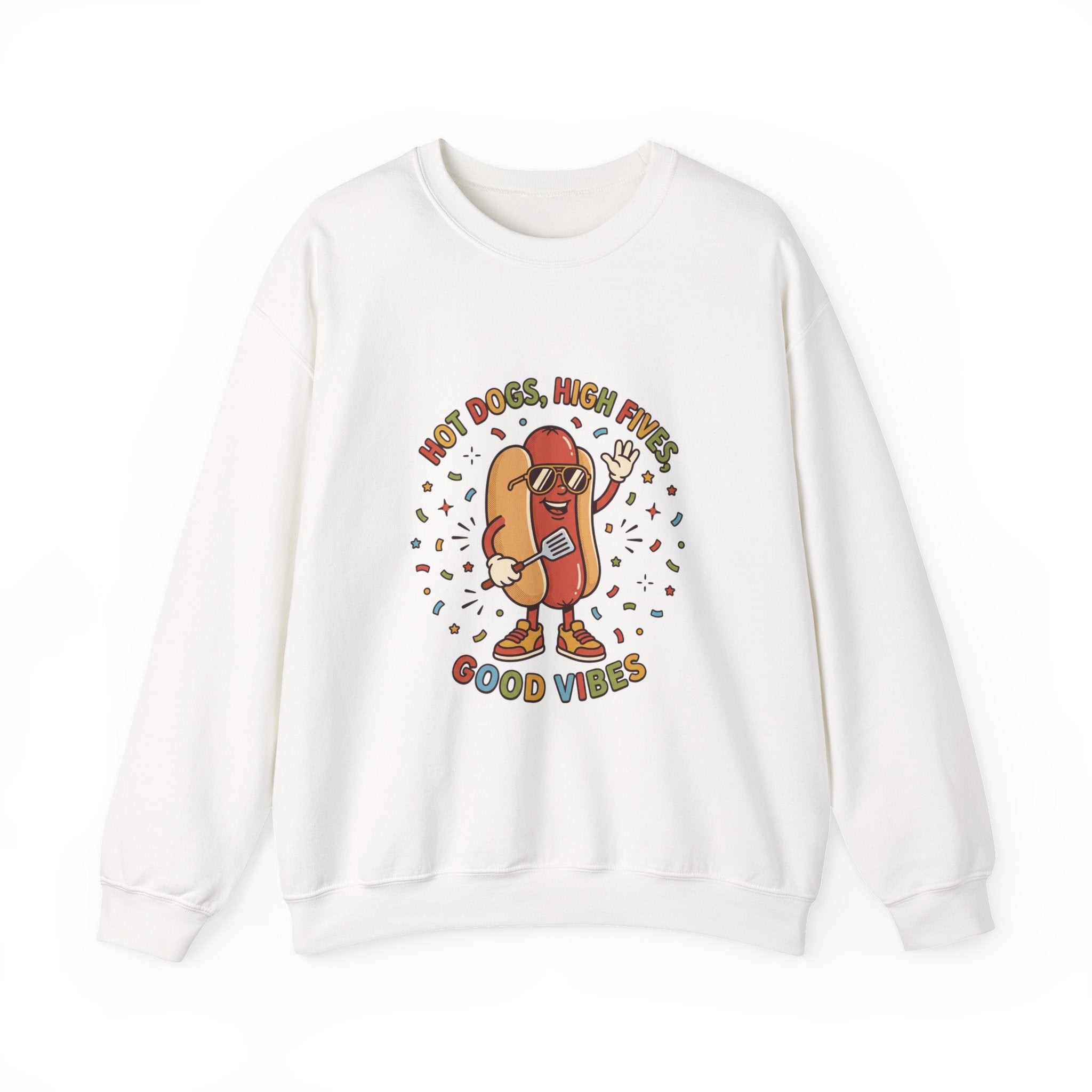 Hot Dog, High Five Rundhals-Sweatshirt | BBQ Vierter Juli, Retro Patriotische Hot-Dog-Witze