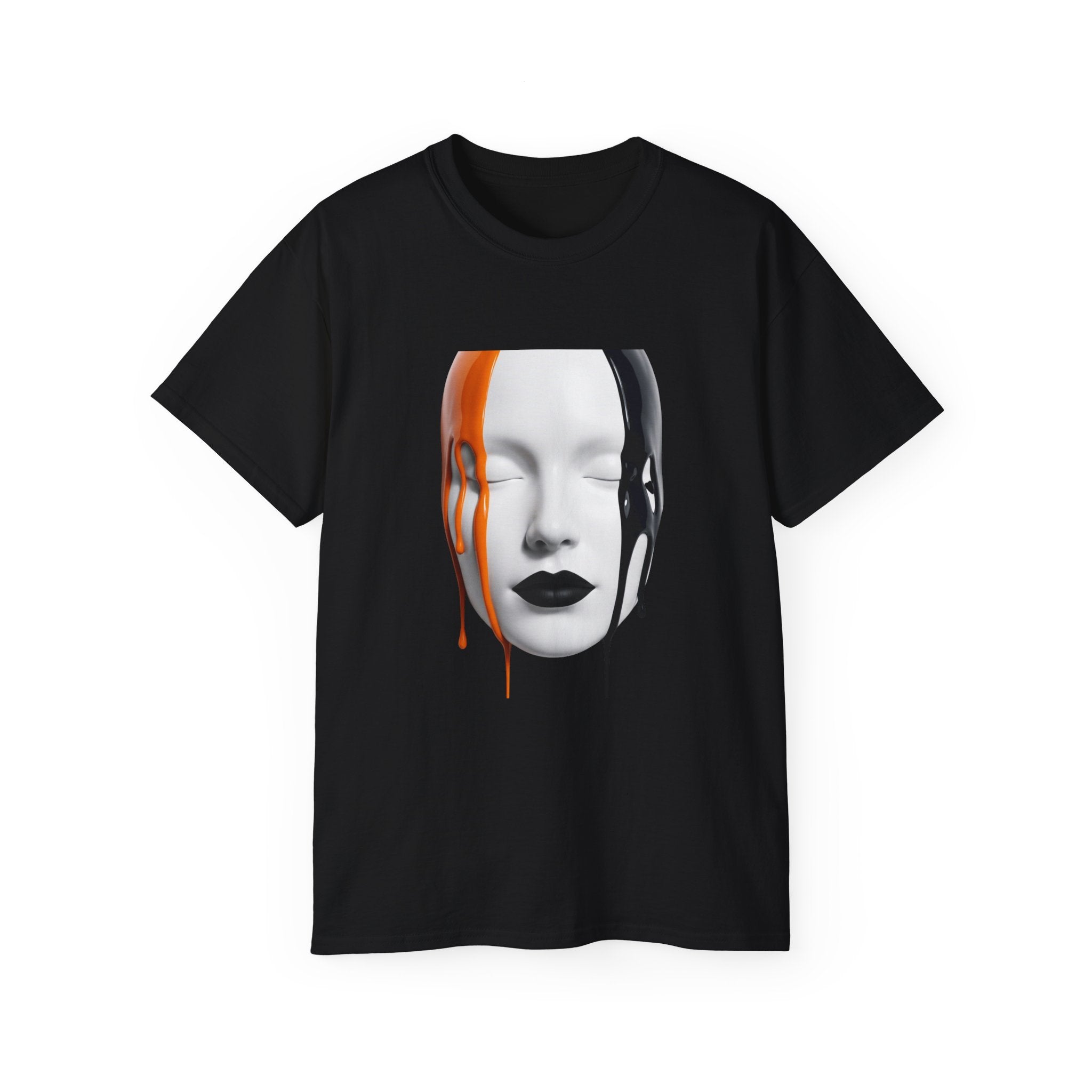Mask Face Tee — Dripping Black & Orange Art T-Shirt
