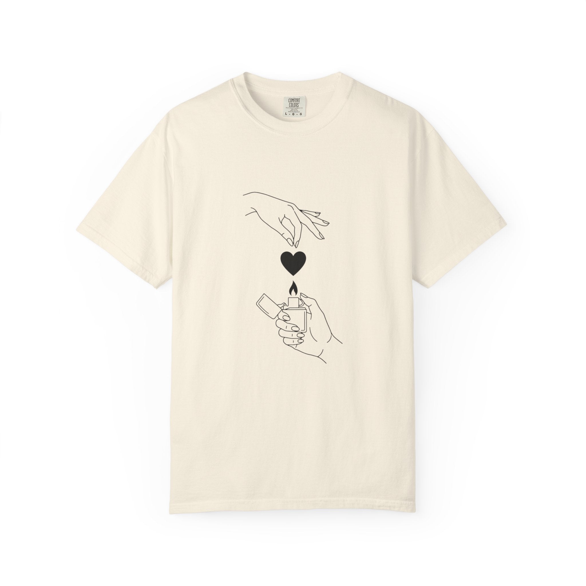 Heart Flame T-Shirt — Minimal Line Art Hands Lighting Heart Graphic