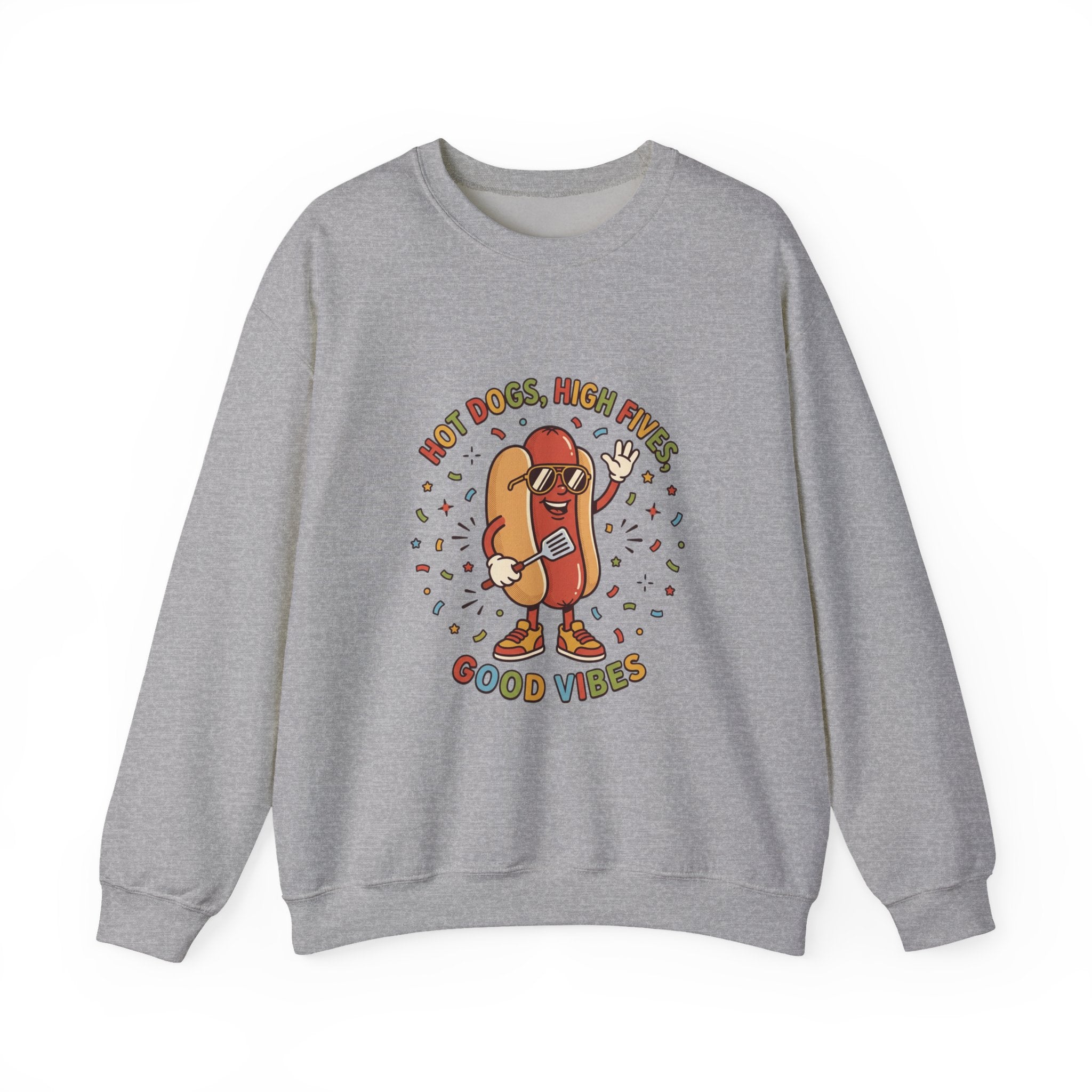 Hot Dog, High Five Rundhals-Sweatshirt | BBQ Vierter Juli, Retro Patriotische Hot-Dog-Witze