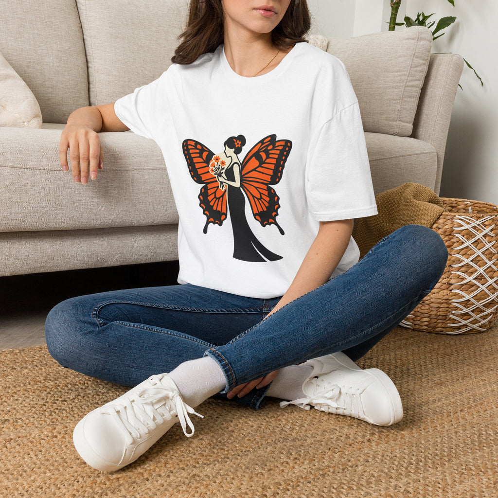 Monarch Butterfly Bride T-Shirt — Floral Bride with Orange Wings
