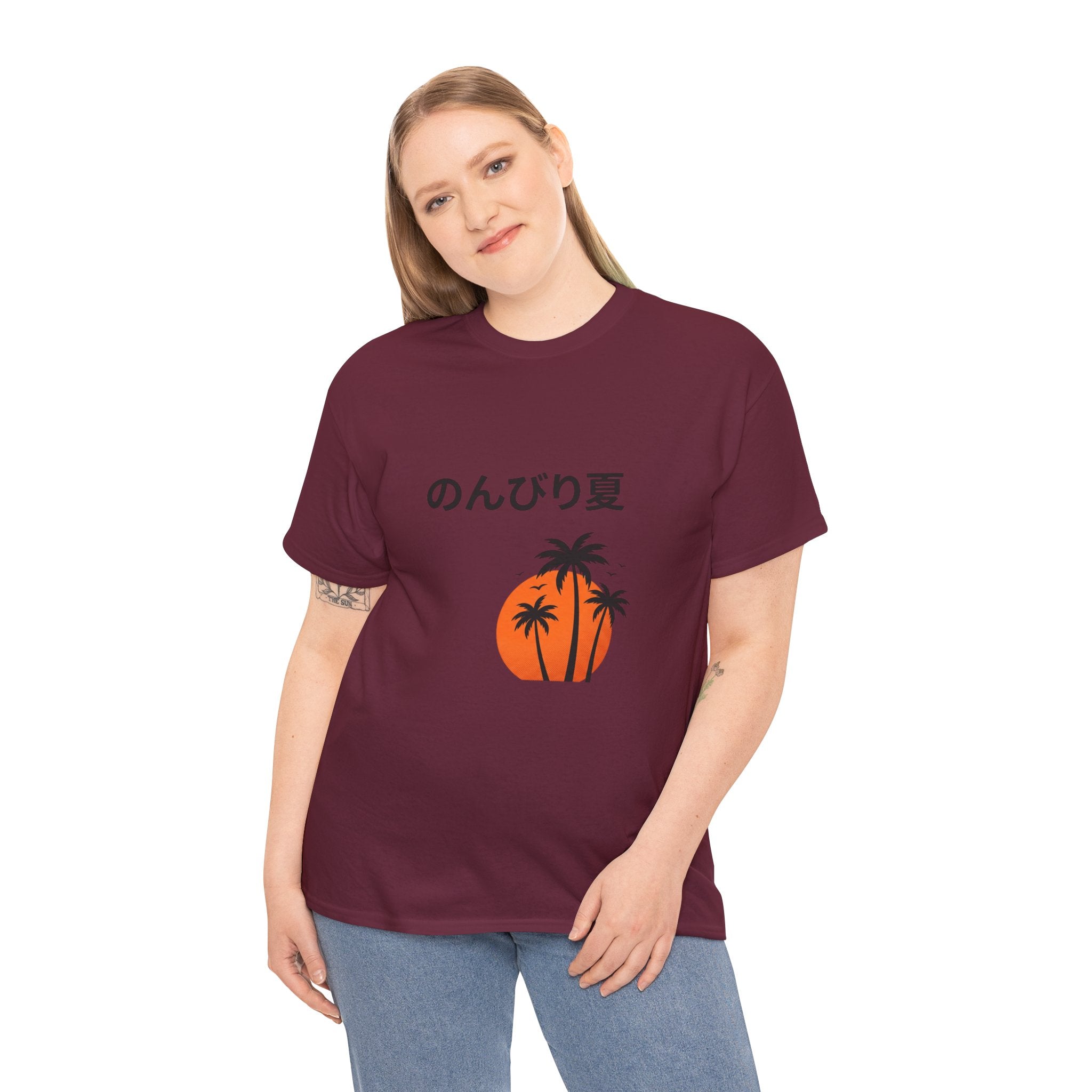 Japanese 'のんびり夏' Palm Sunset Tee — Relaxed Summer Vibe T-Shirt